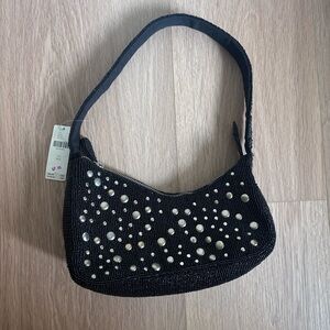 Anthropologie Black Beaded Shoulder Bag with silver studs